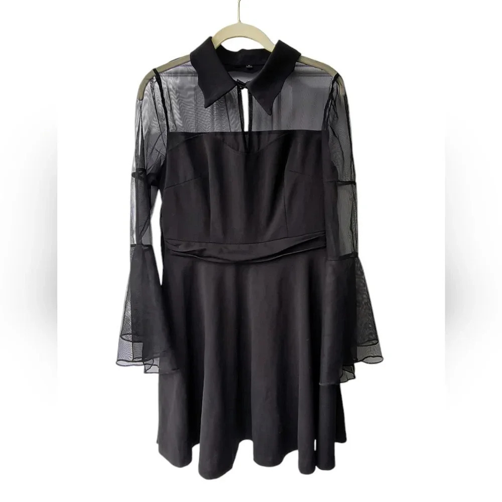 Black Whimsigoth Dark Witchy Gothic Mesh Sexy Sheer Dress with Bell Sleeves, L